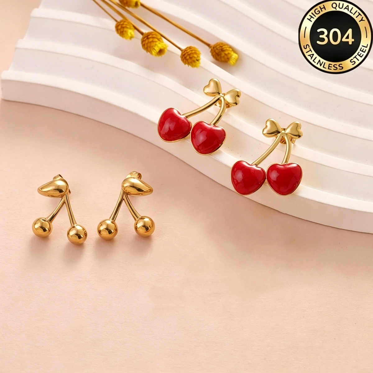 2Pcs Sweet Cute Red Cherry Shaped Stainless Steel Earrings for Women Fruit Design Fashionable Jewelry for Daily Wear