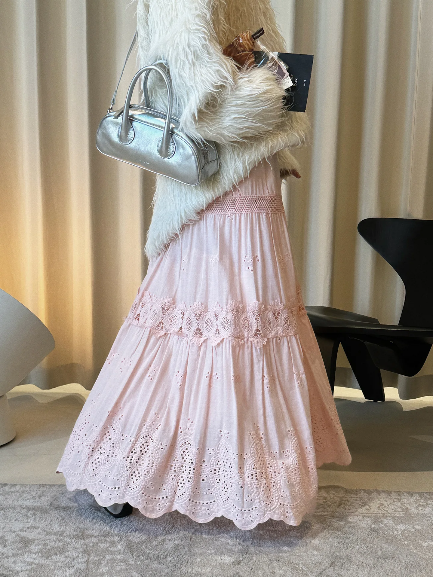 Spring New Bohemian Romantic Style Lace Petal Splicing Cake Half Skirt Loose Big Swing Long Skirt for Women