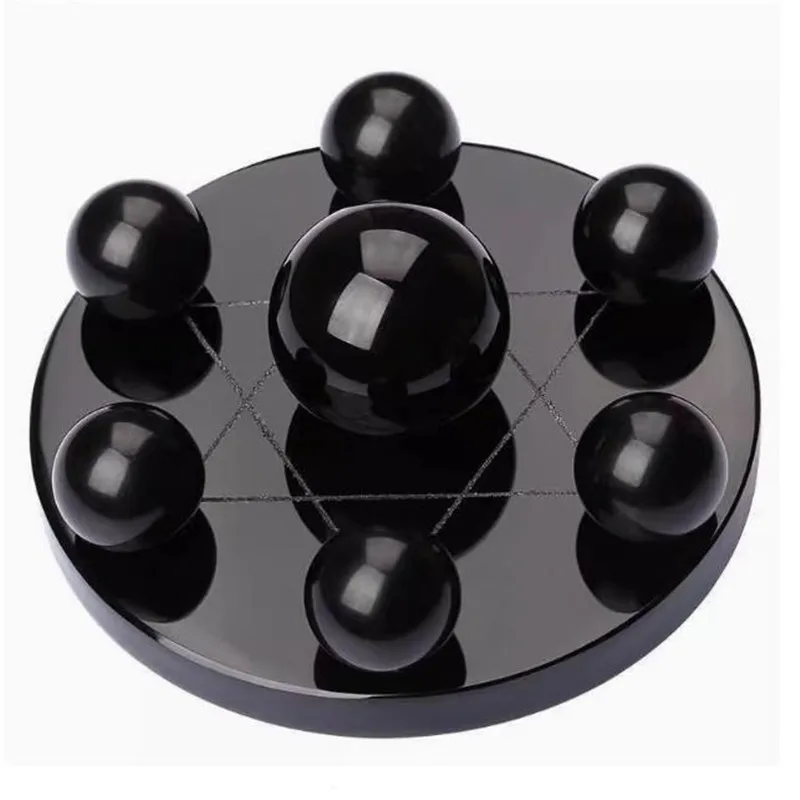 10cm Natural Black Obsidian Stone Sphere Ball Seven Star Array Round Base Plate Fengshui Mirror For Home Decoration Gift