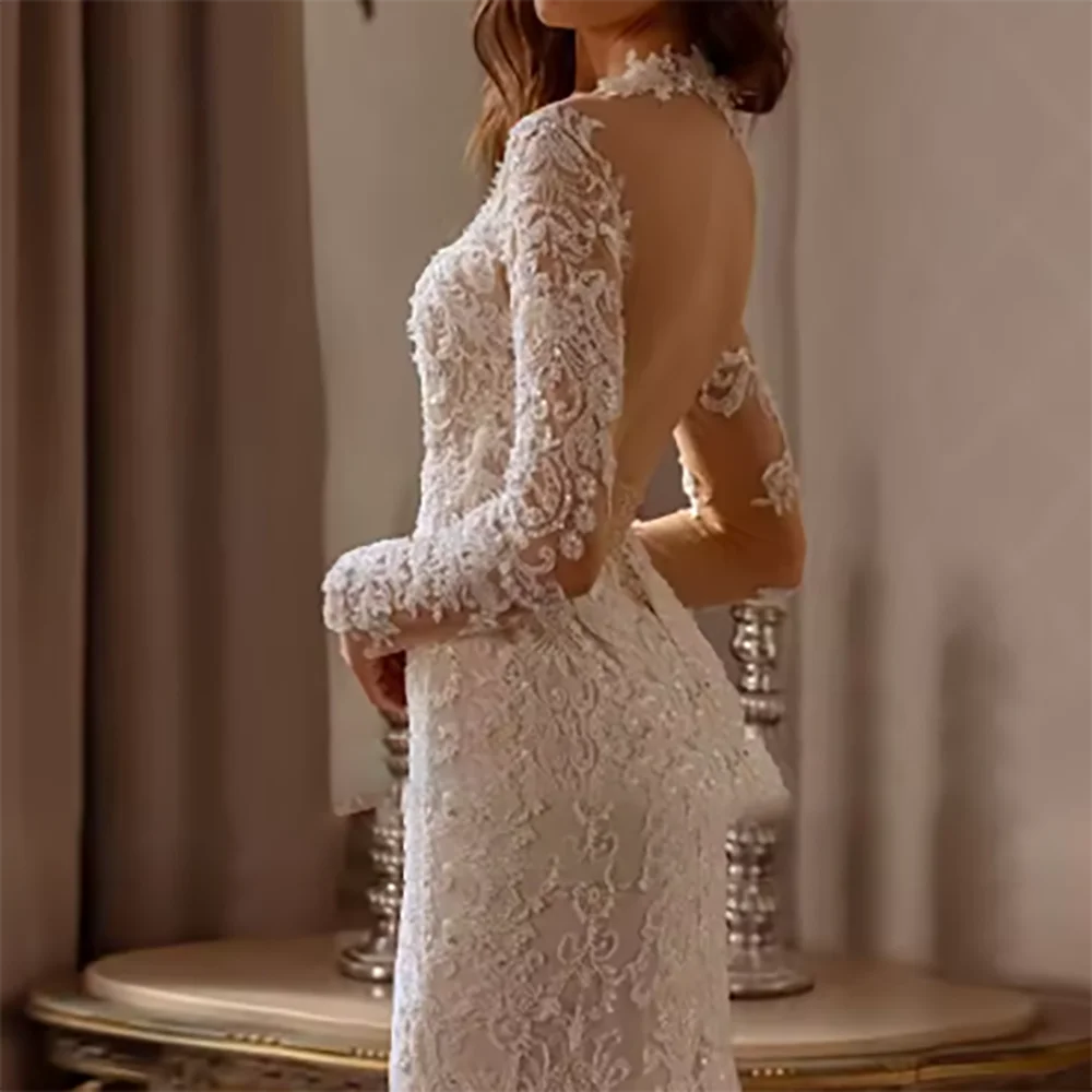 클래식 v 넥 Appliuqins 레이스 백리스 풀 슬리브 분리형 신부 웨딩 드레스 신부 가운 Cuastomized
