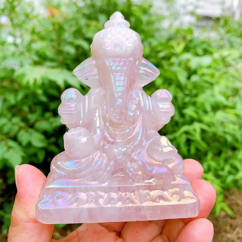 

10cm Natural Aura Rose Quartz Ganesha Carved Crystals And Stones Healing Polished Mineral Ornaments Home Decoration 1pcs