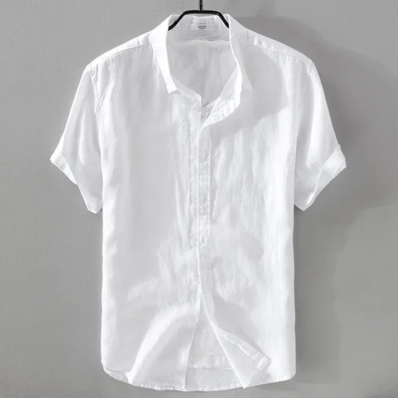 Pure Linen Short Sleeve Shirt For Men Casual Summer Half Sleeve Cotton Linen Fabric White Color Men\'s Wear Top