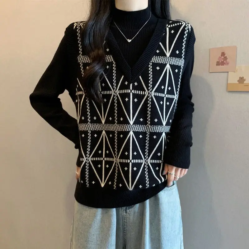 

Fake Two-Piece Jacquard Knitted Sweater Women Autumn Winter New Loose Half Turtleneck Bottoming Long-Sleeved Design Top