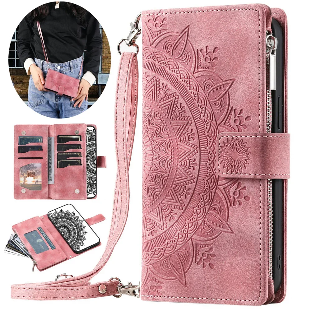 New Style Crossbody Lanyard Leather Zipper Flip Case for iPhone 15 14 13 12 11 Pro 12 Mini Xs Max Xr X 15 Plus 14 Wallet Card Ph