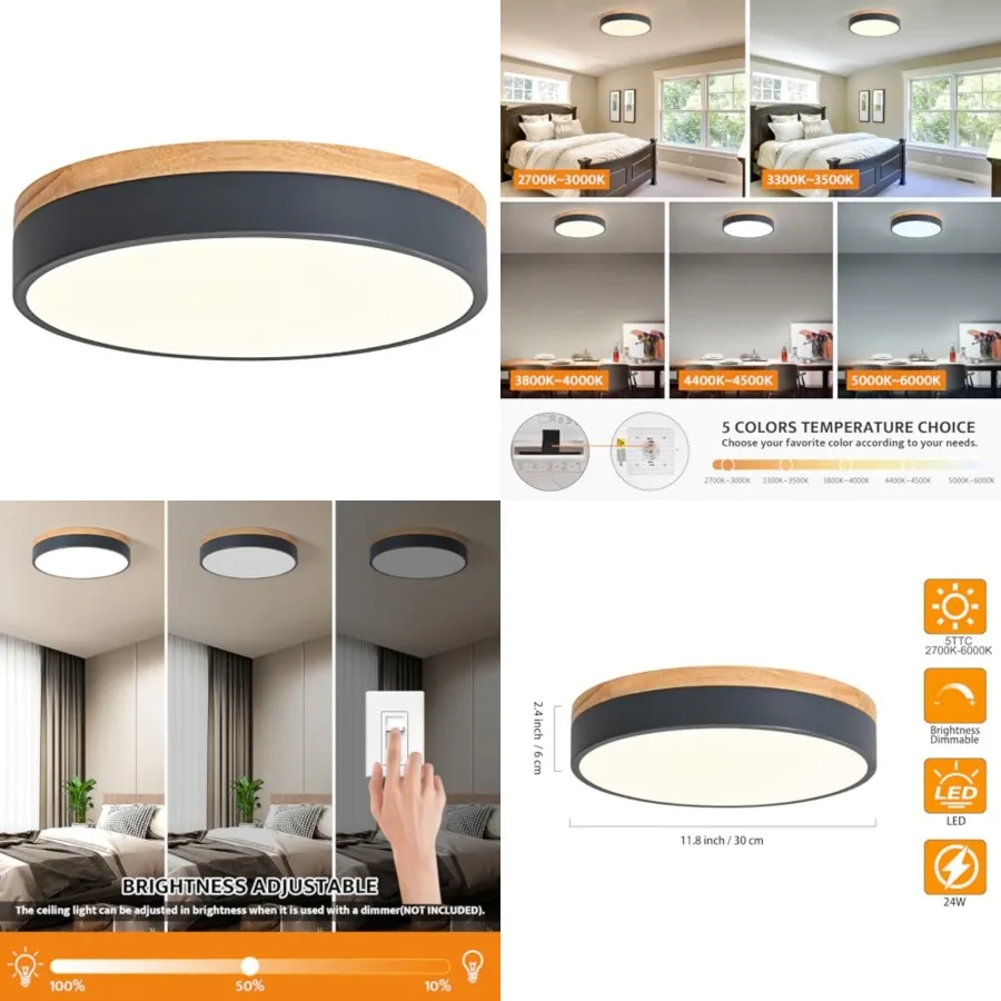 

Dimmable Wood LED Flush Mount Ceiling Light, 5CCT 2700K-6000K Modern Round Close to Ceiling Lighting Fixtures, Minimalist Grey