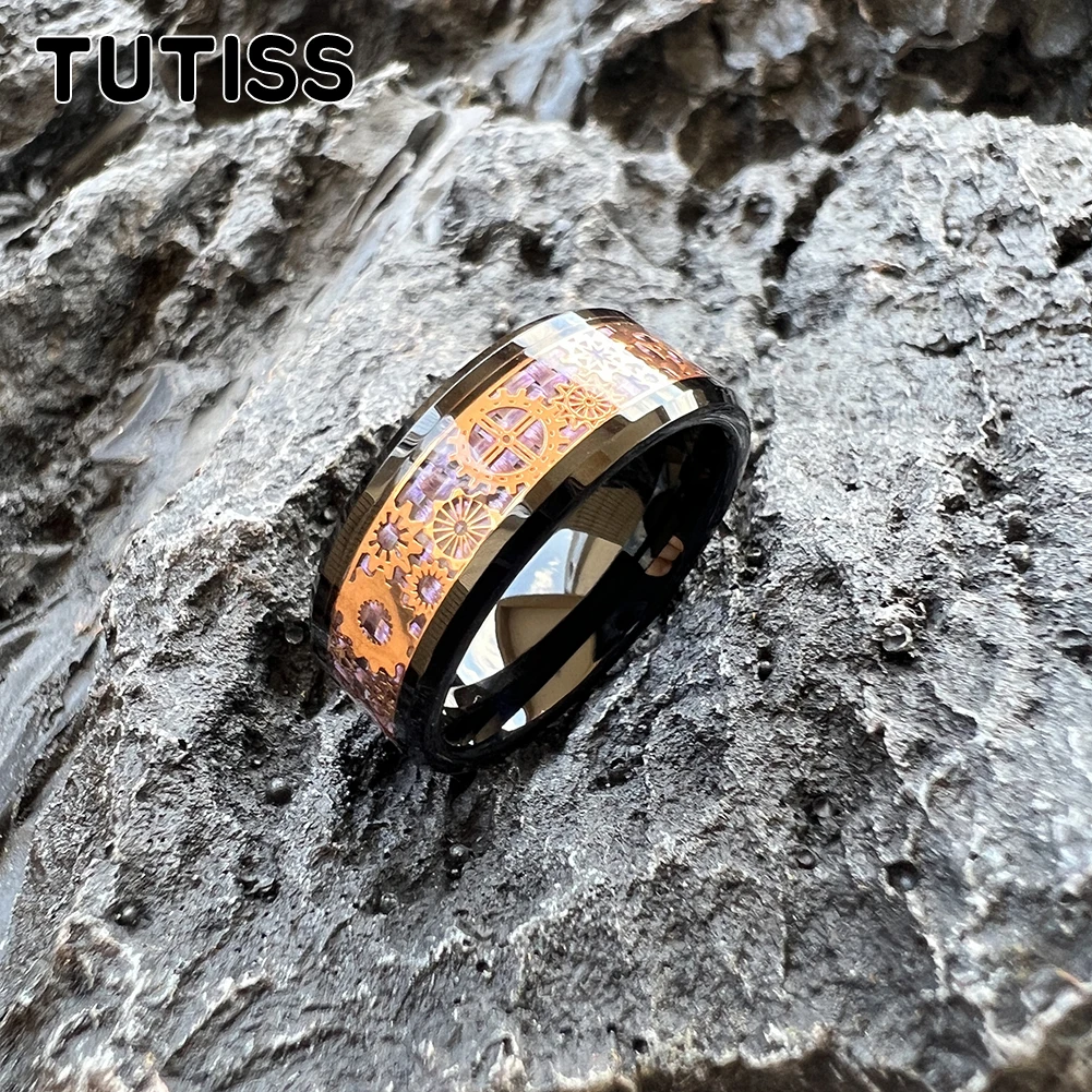 TUTISS Fashion 8MM Mechanical Gear Wheel And Blue Carbon Fiber Inlay Men Women Tungsten Wedding Band Ring Fast Shipping