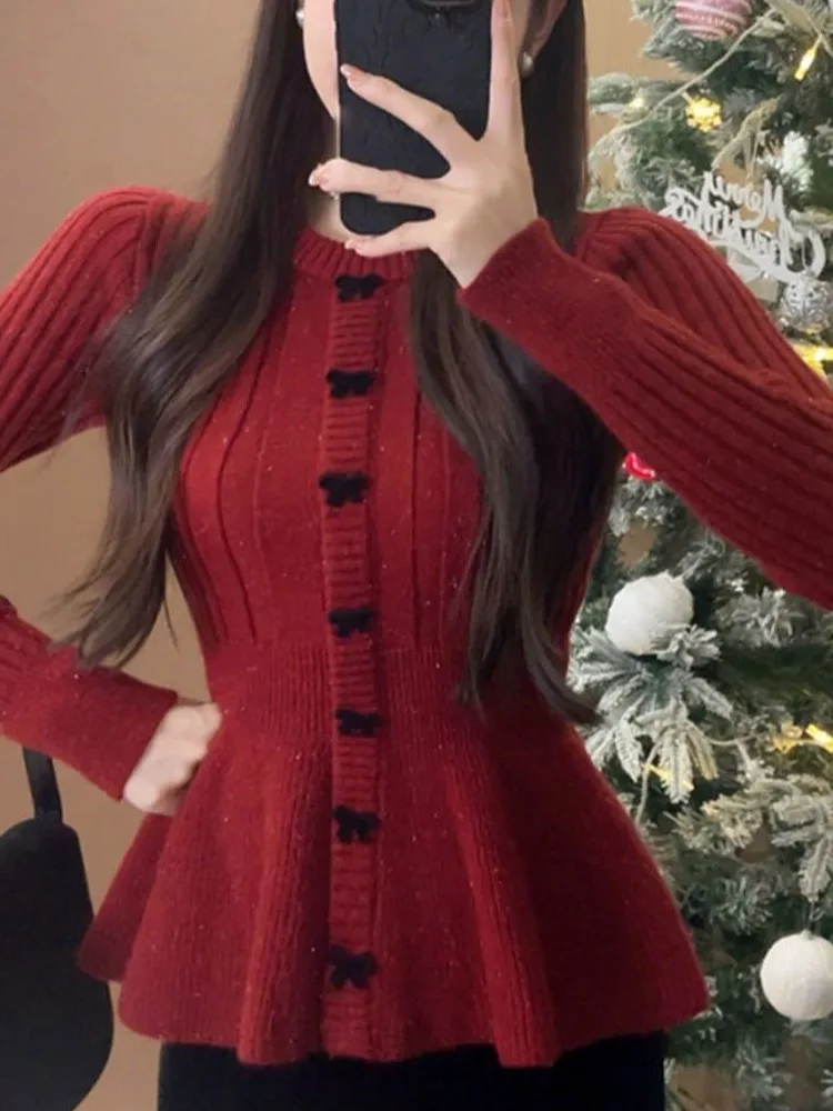 

Red Knitted Sweater Women's Autumn Slim Fit Neline Knot Base irt Skirt Sle Long Sve round Ne Top