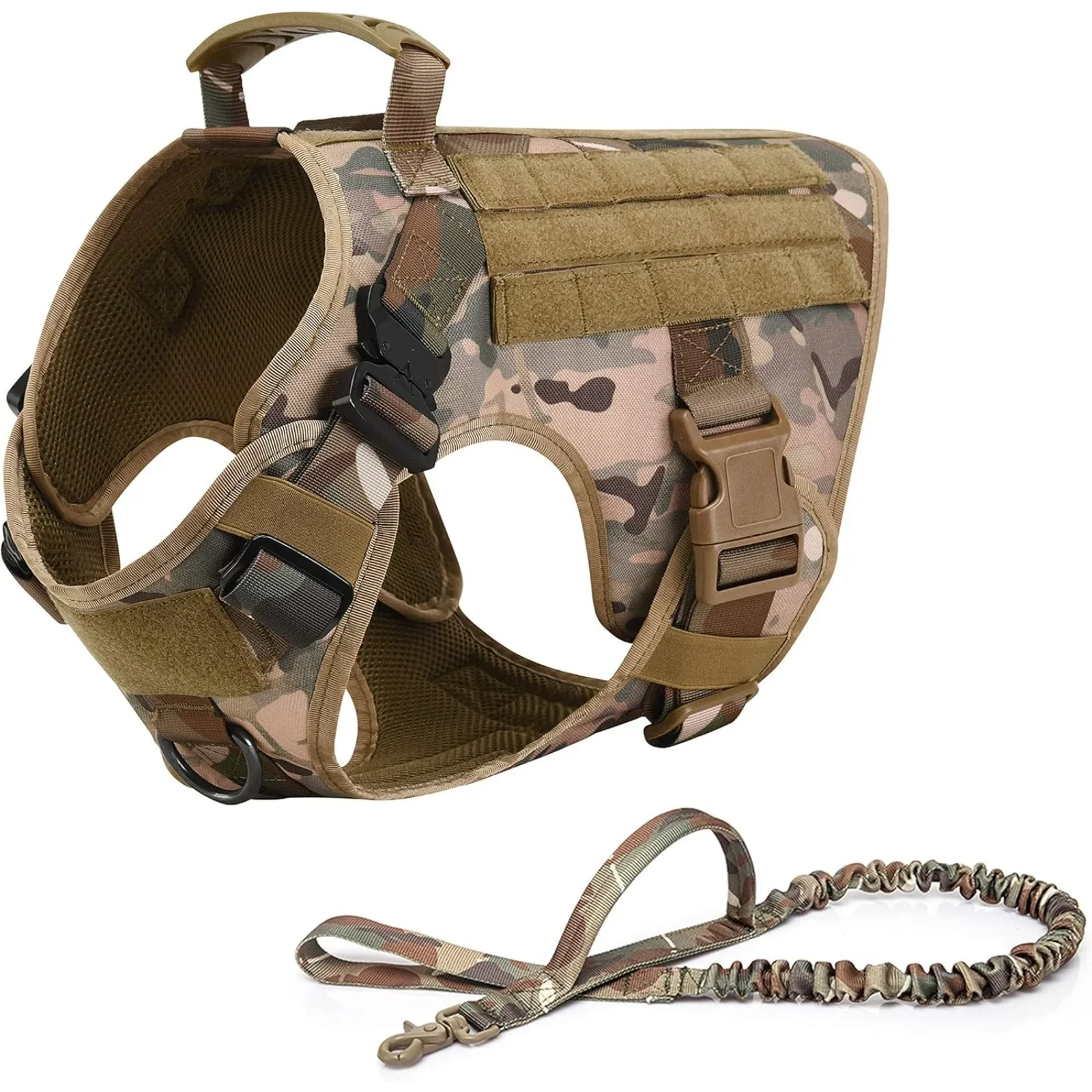 Tactical Dog Vest Military Work Training Molle Vest with Handles, Comes with Metal Buckle and Loop Plate, Free Bungee Dog Leash