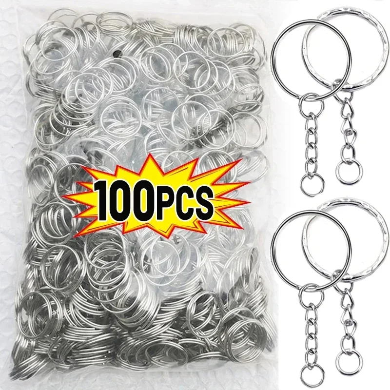 

50/100pcs Metal Blank Keyring Keychain Split Rings DIY Keyfob Keys Ring Lobster Clasp Key Pendant Chains Buckles Stainless Steel