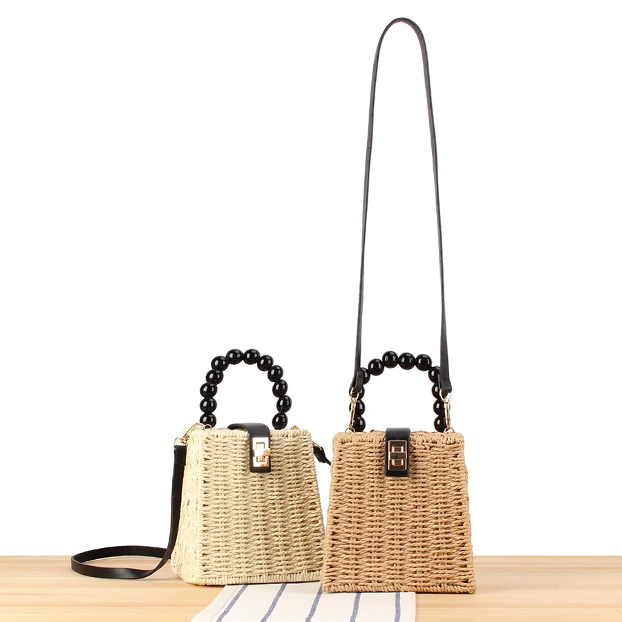 

Wooden bead handle woven handbag summer beach weaving straw bag forest-themed metal lock single-shoulder small bag holiday style