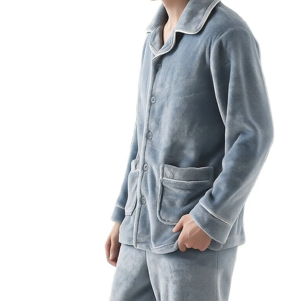 Men's Warm Coral Fleece Sleepwear Set Thickened Anti-Static Long Sleeve Pajamas With Lapel Collar Soft Winter Home Clothes