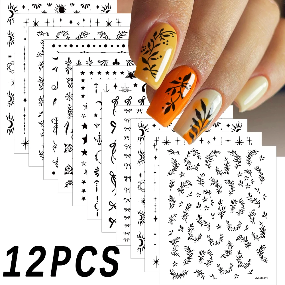 12 Stuks 3D Laser Gouden Ster Maan Strik Nail Art Stickers Bohemen Zon Bladeren Zelfklevende Nagels Slider Luxe manicure Decals