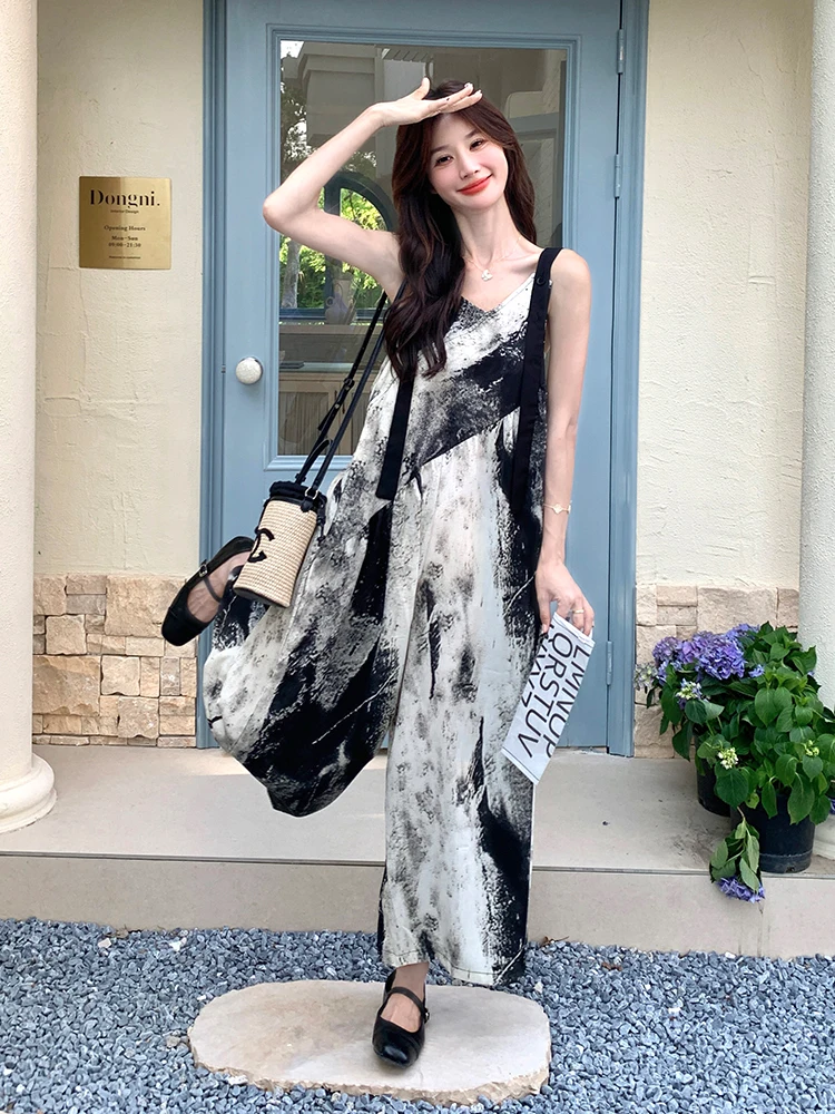 Conjunto de camiseta y mono de pierna ancha con tinte a base de agua para mujer, traje informal de una pieza con pantalones largos de cintura alta, verano 2025