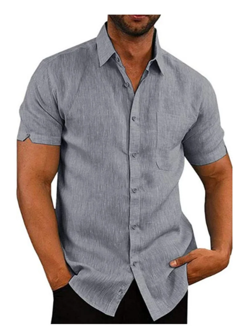 Men's Short Sleeve Button Down Linen Blend Shirt with Chest Pocket Casual Summer Top