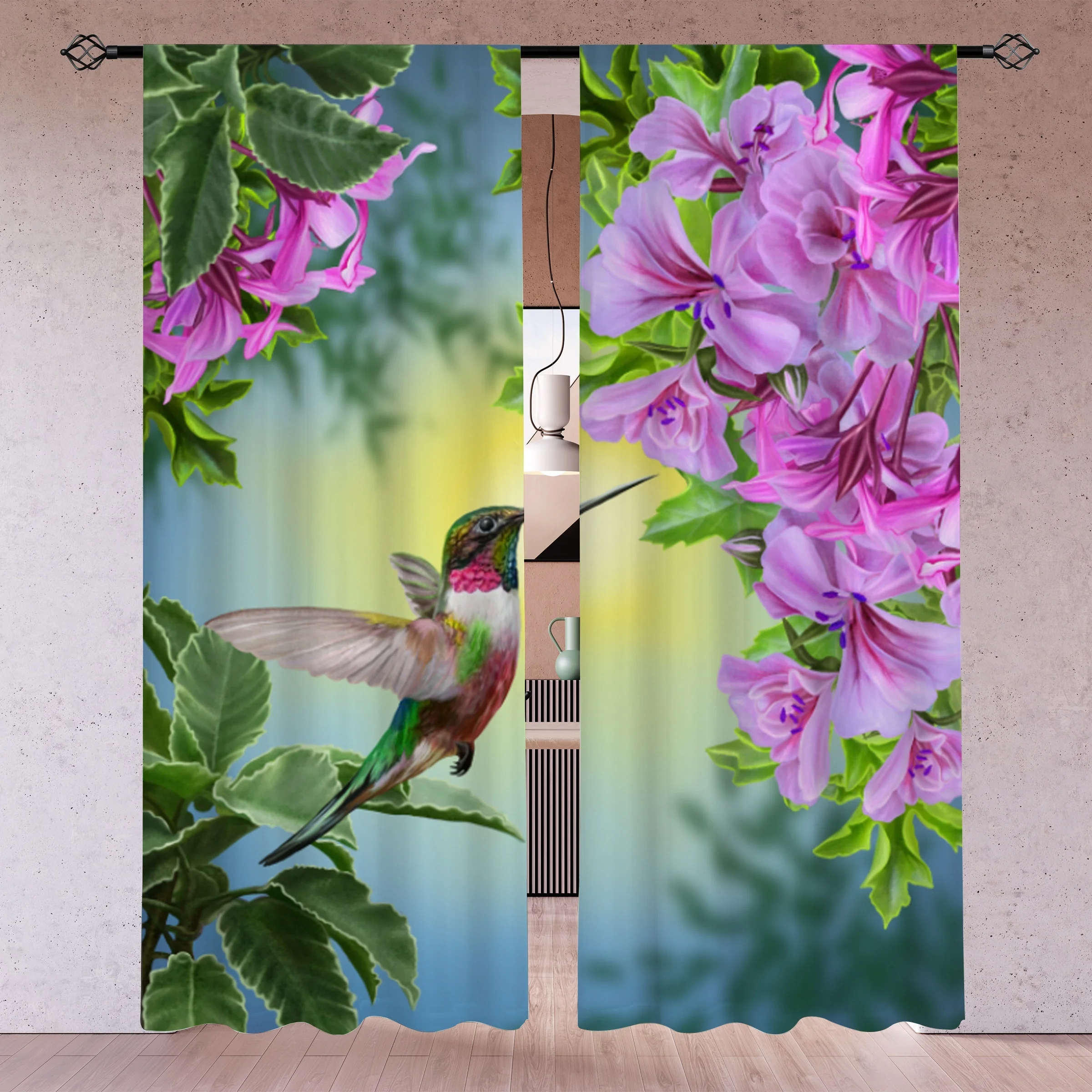 

2 Panels Hummingbird Flower Curtains Nature Print Drapes Polyester Living Room Bedroom Home Decor