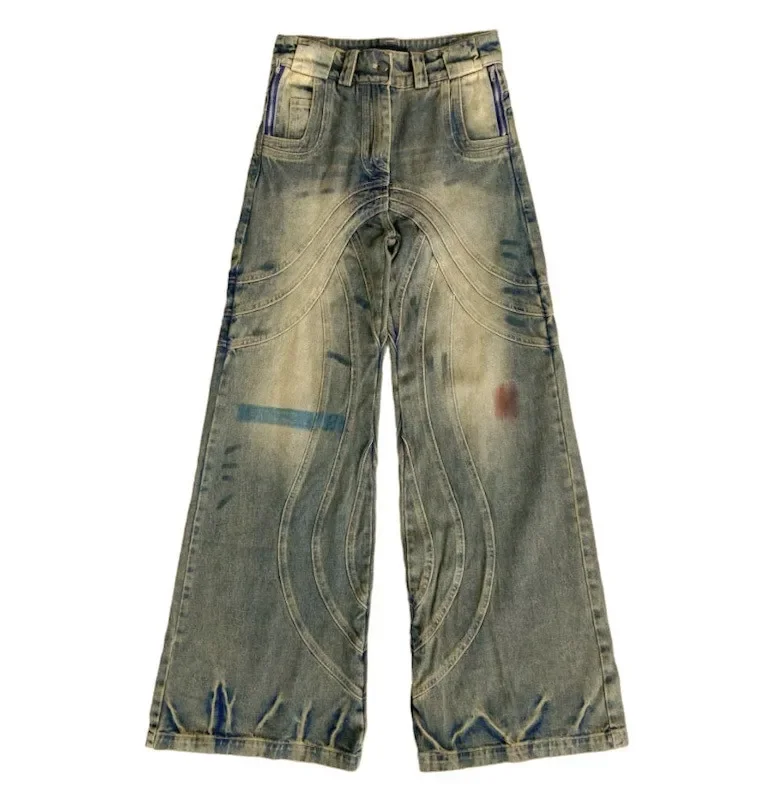 NO FAITH Heavy craft washed old faded corrugated pants micro-horn loose straight jeans