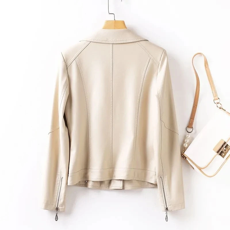 Jaket Kulit Domba Musim Semi Gugur Wanita Model Lokomotif Slim Berbahan Kulit Corium dengan Rivet, Kerah Jas, Ritsleting, Jaket Pendek XQ17