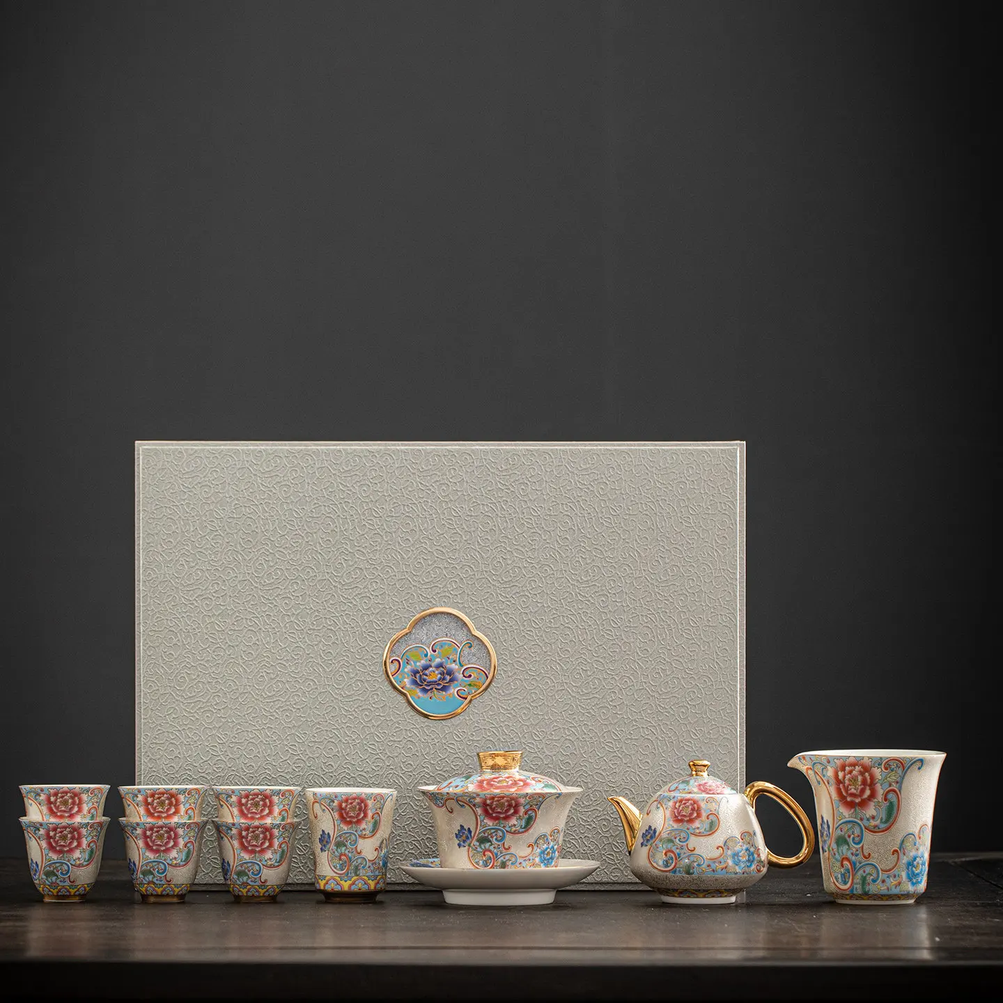 LMM Handmade Silver Filament Teapot Ceramic Sancai Cover Bowl Kung Fu Tea Set Gift Box Set