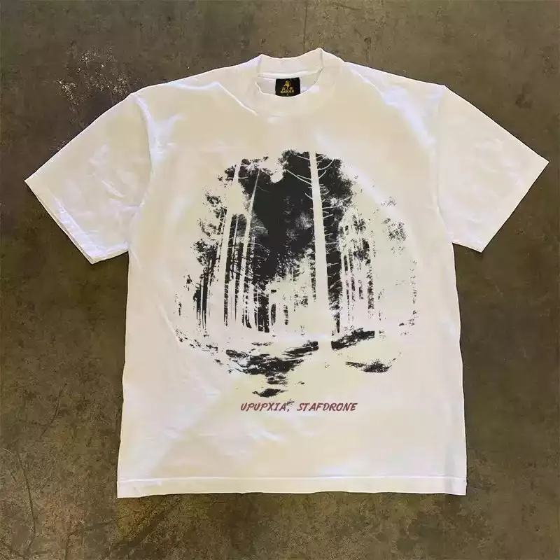 Unisex Vintage Forest Graphic T‑Shirt Men Women Retro Faded Woodland Tree Art Print Tee 100% Cotton Casual Loose Short Sleeve Streetwear T Shirt.