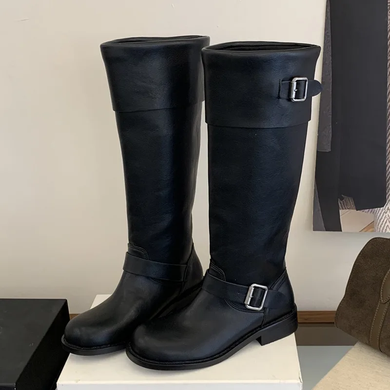 Eilyken New Design Splicing Belt Buckle Knee-High Boots Women Retro Round Toe Square Low Heels Autumn Winter Shoes