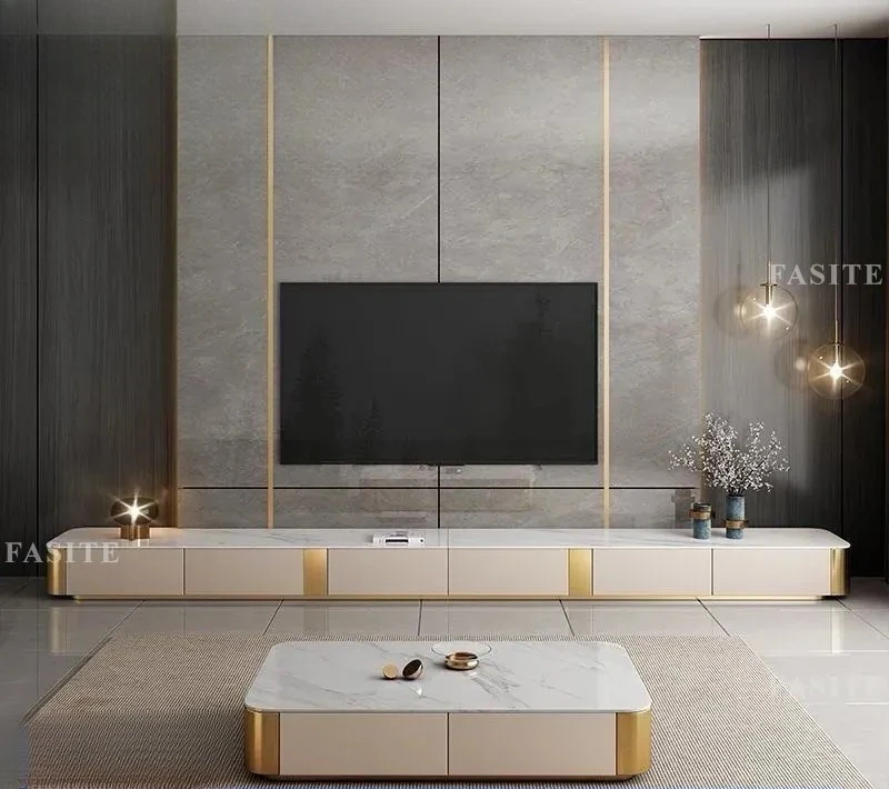 For Living Room Nordic Apartment Bright Rock Slab TV Cabinet Coffee Table Combination Floor to Ceiling Italian Pole Solid