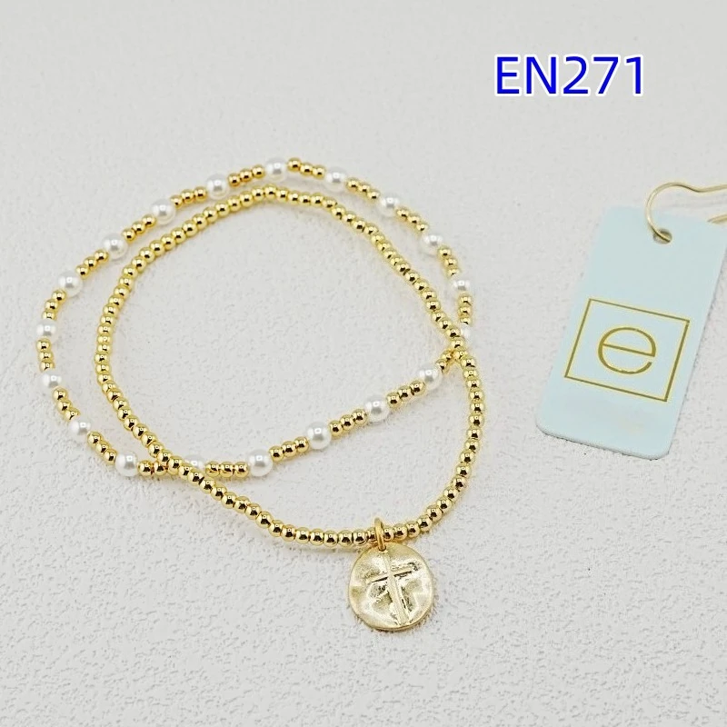 

VKVVA Round Cross and Pearl Beads Stack of 2 Bracelets, Fashion Jewelry Gifts for Women Daily Layering