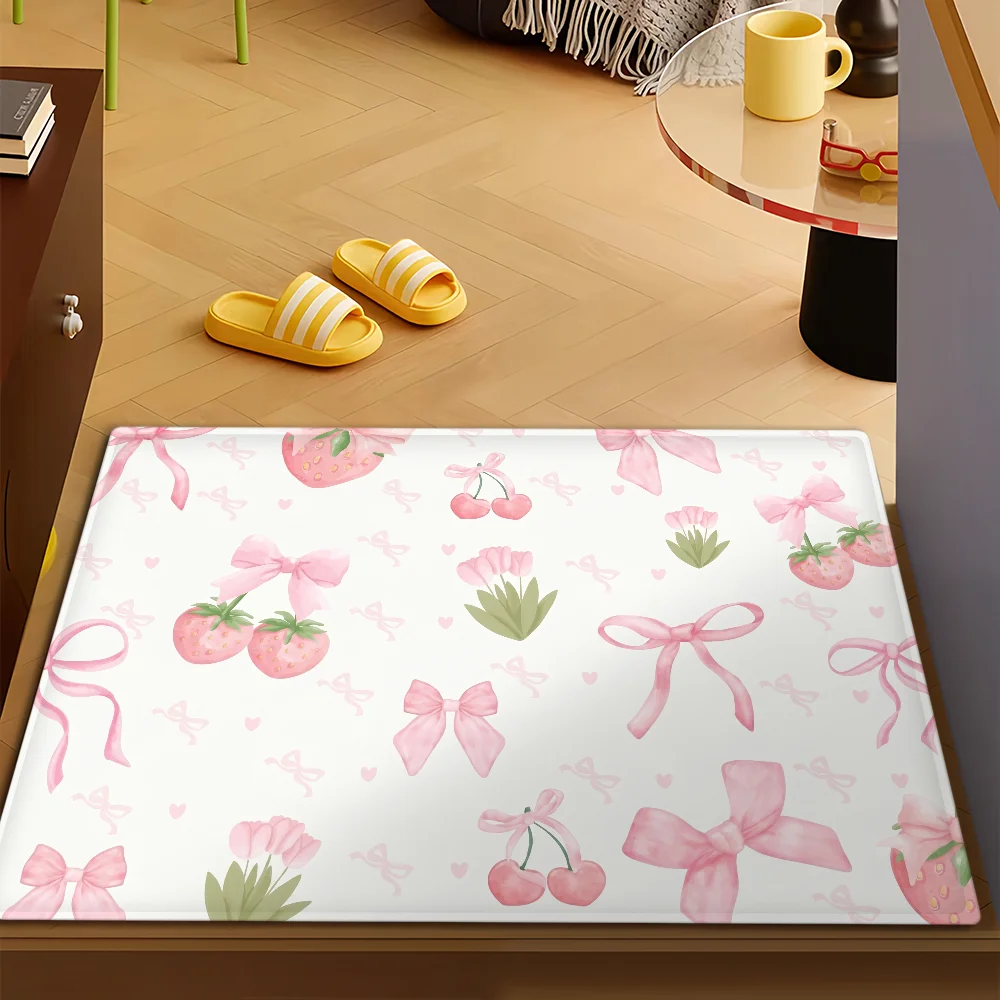Kawaii Cute Cherry Bow Door Mat Bath Microfiber Decorative Versatile Flannel Floor Mat Quick Dry Absorbent Non-slip Sole
