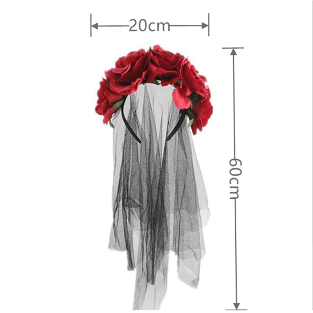 1pc Halloween Headband Ladies Girls Day Of The Dead Red Rose Flowers Headdress Floral Hair Band Party Cosplay Hair Accessories