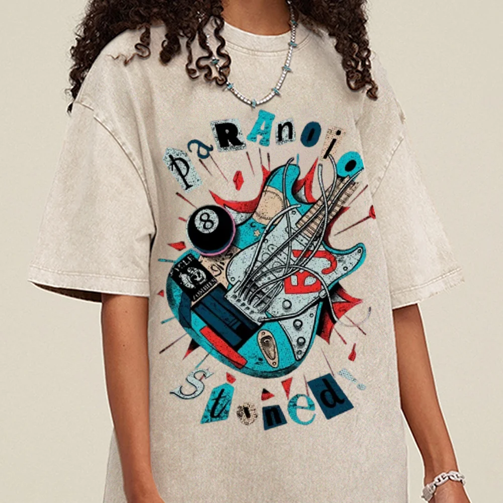 

High Street Hip Hop Rock Guitar Print Unisex T-Shirt Loose Oversized Women's Men's Short Sleeve Western Show Press Fashion Top