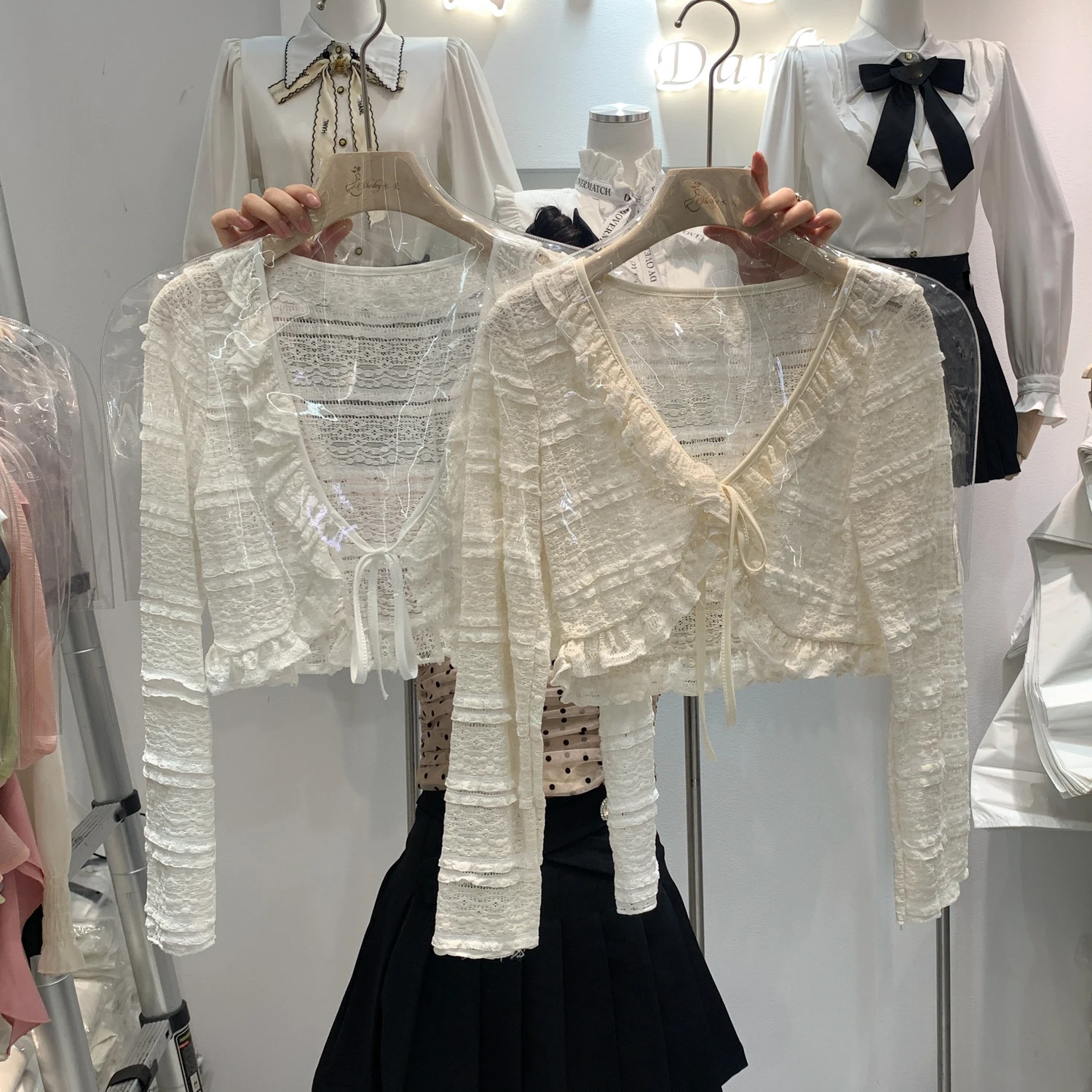 

Легкий женский кардиган с длинными рукавами, лето 2023, новый дизайн, с кружевной отделкой, V-образный вырез, с поясом