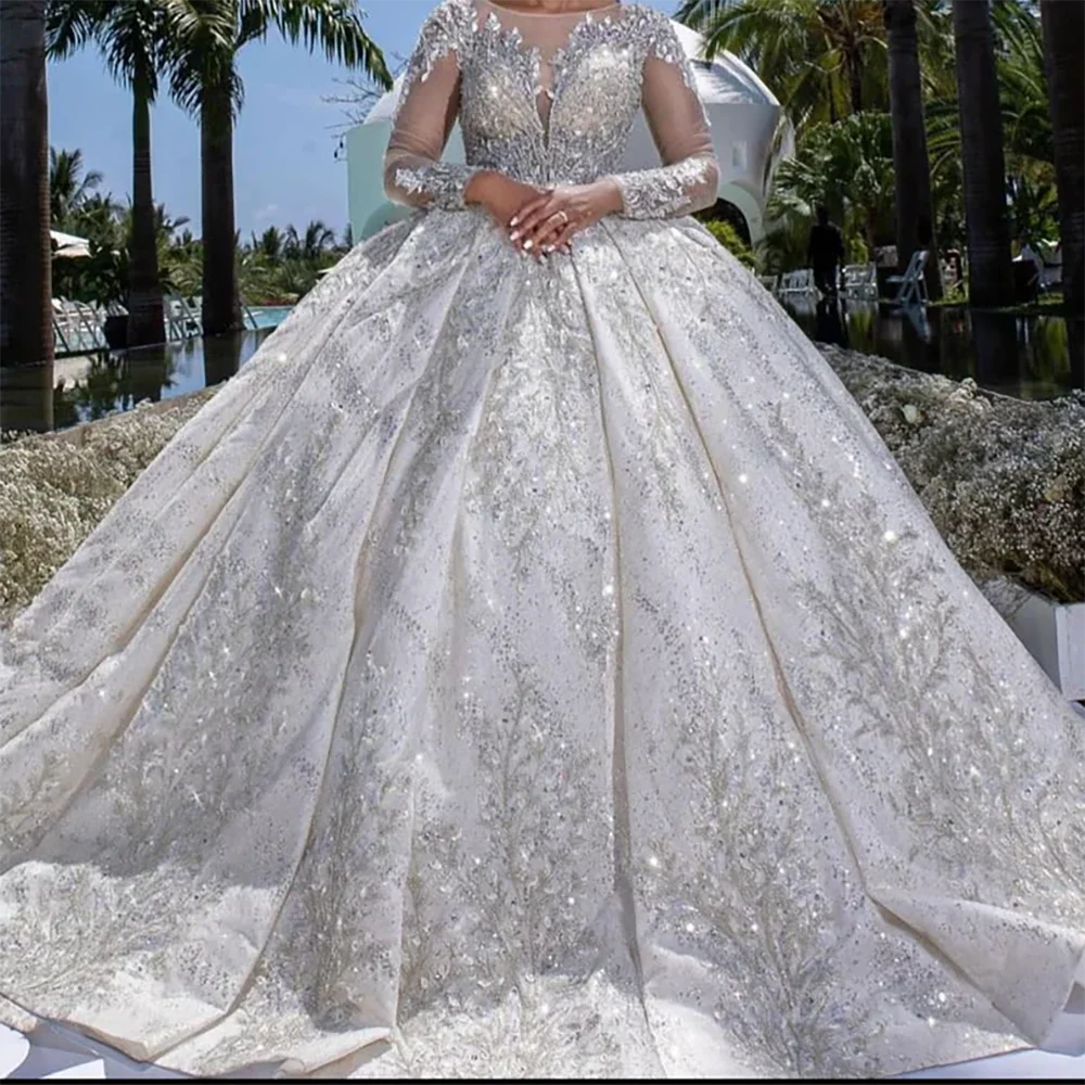 

Luxury O-Neck Beading Full Sleeve Pleat Ball Gown Bride Wedding Dresses Bridal Gowns Customized