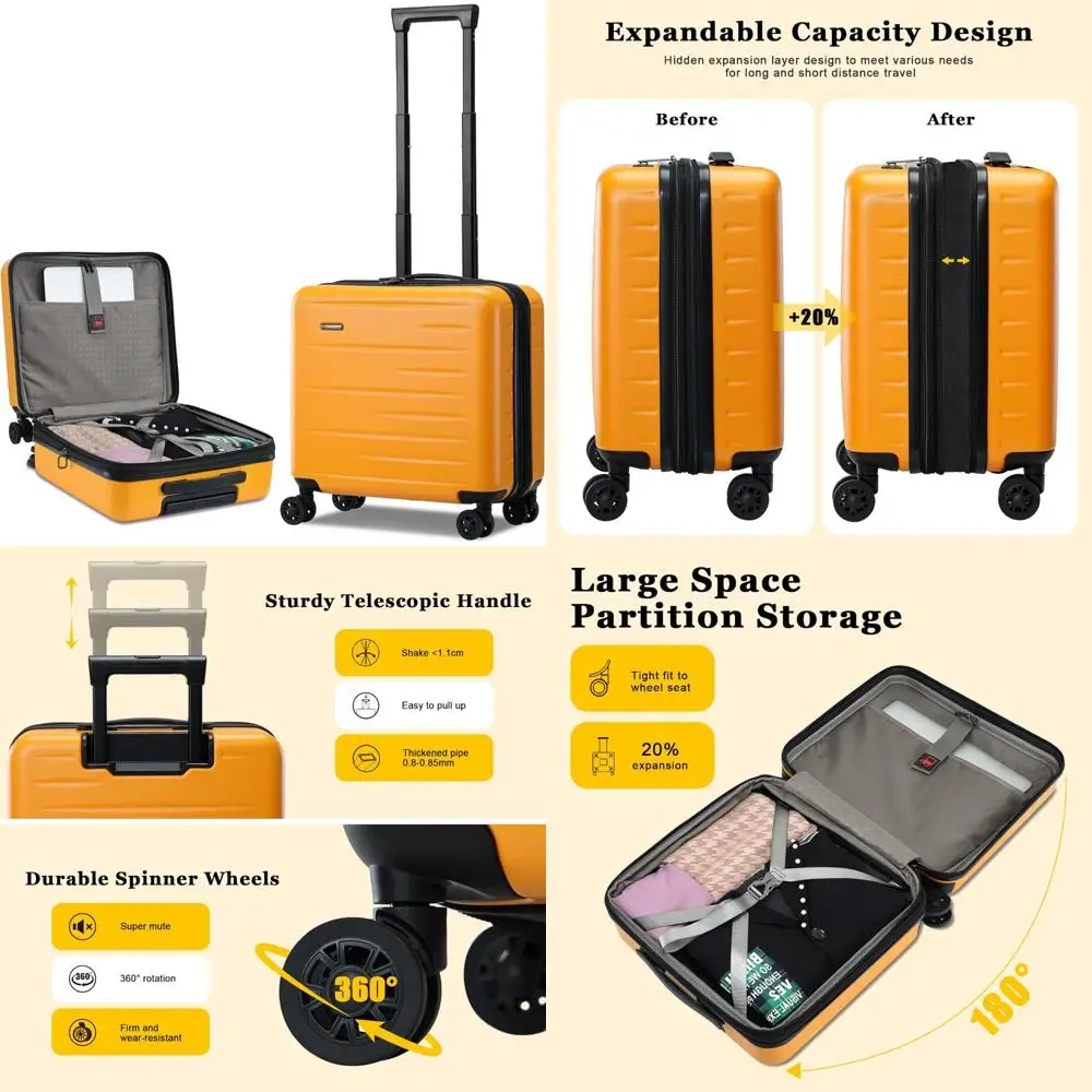 Carry-On Luggage 16 Inch Airline Approved Expandable Lightweight ABS+PC Hard Shell Suitcase with 360° Spinner Wheels TSA Lock