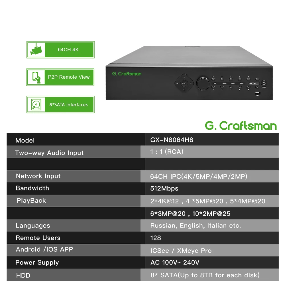C-X 64CH 8MP 4K NVR Security System,H.265 Video Recorder,HDMI Output,24/7 Recording & Playback,XmeyePro GX-N8064H8