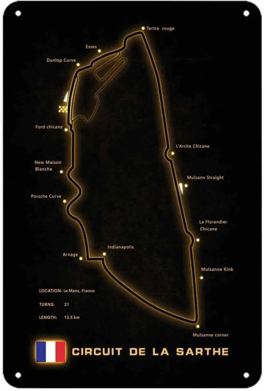Circuit de la Sarthe Map Le Mans 24 Hours Race Vintage France Metal Sign Print Aesthetic Room Decoration for Home Bedroom Dorm B