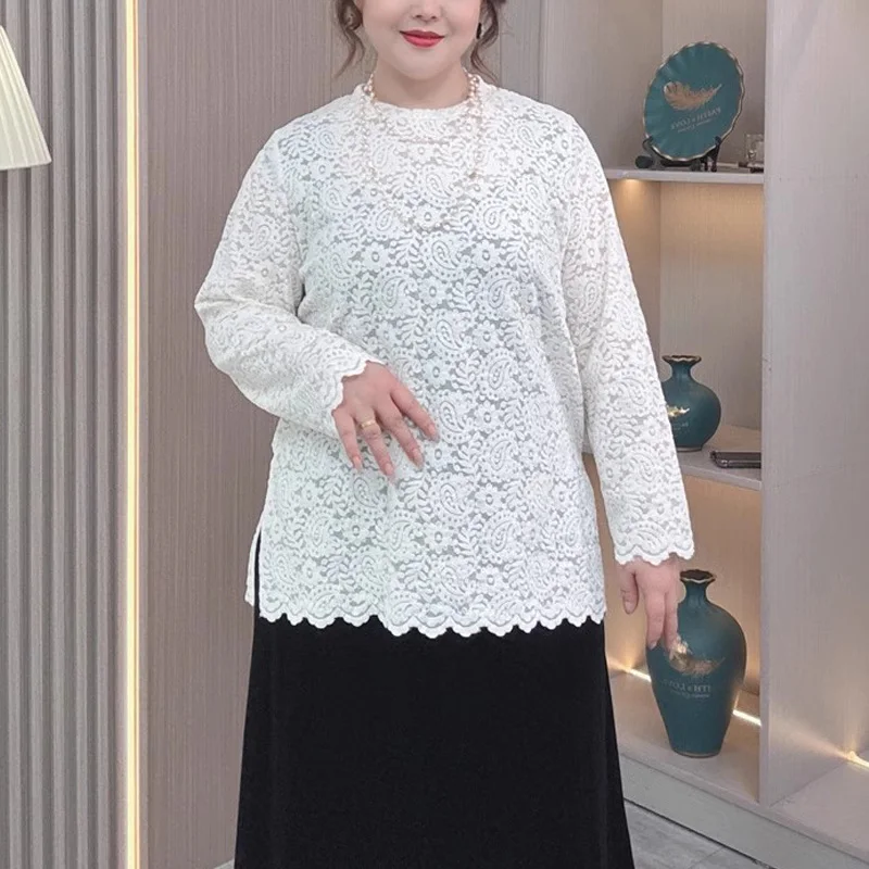 

Women's French Style Lace Split Hem Top Spring/Autumn Loose Fit Plus Size Slimming T-Shirt Fashion Innerwear For Curvy