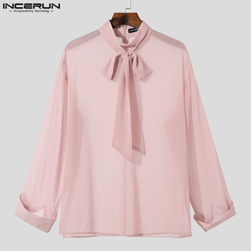 Casual Fashionable Style Tops INCERUN Men Chiffon Perspective Ribbon Shirts Male Half High Collar Thin Long Sleeved Blouse S-5XL