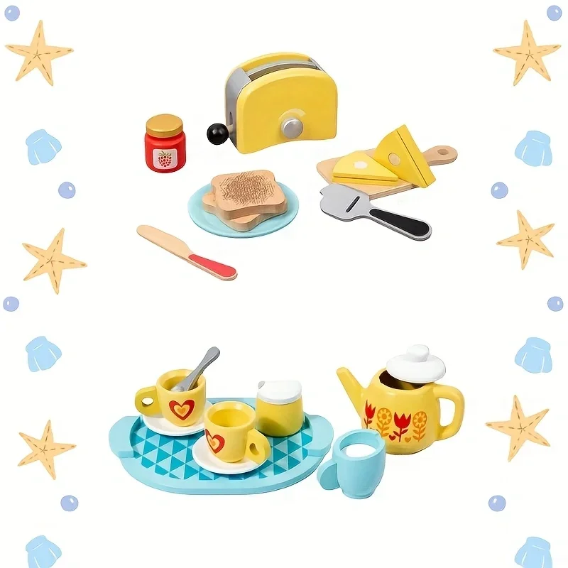 

Wooden Breakfast Toys: Yellow Toaster and Tea Set, Afternoon Tea Pretend Play Party Game for Interactive Fun