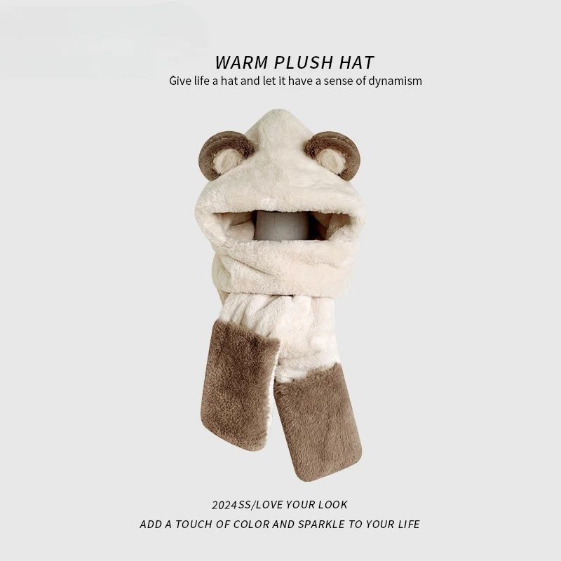 

Cute bear hat women's winter cycling warm scarf integrated hat versatile