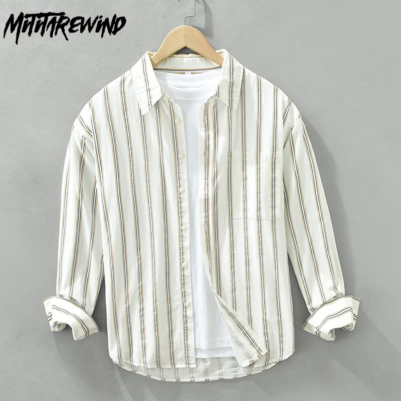 

Japanese Striped Full Sleeve Shirt Men Daily Casual Pure Cotton Shirts Lapel Pocket Button Up Shirt Fashion Versatile Loose Tops