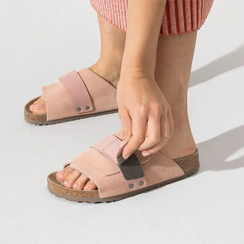 Sepatu wanita ujung tertutup sandal kulit sapi Suede bakiak sandal wanita mode Retro taman Mule menyumbat geser 2024 baru