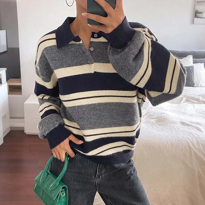 2026 Autumn. And Winter New Random Multifunctional Style Lapel. Color-block Loose Strip Long-sleeve Sweater Luxury Boho Lace