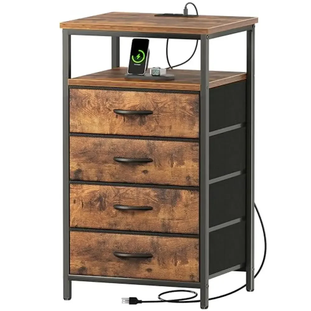 

Bedside Table with Charging Station 4 Drawer Dresser USB Ports AC Outlets Vertical Storage Nightstand Rustic Brown End Table