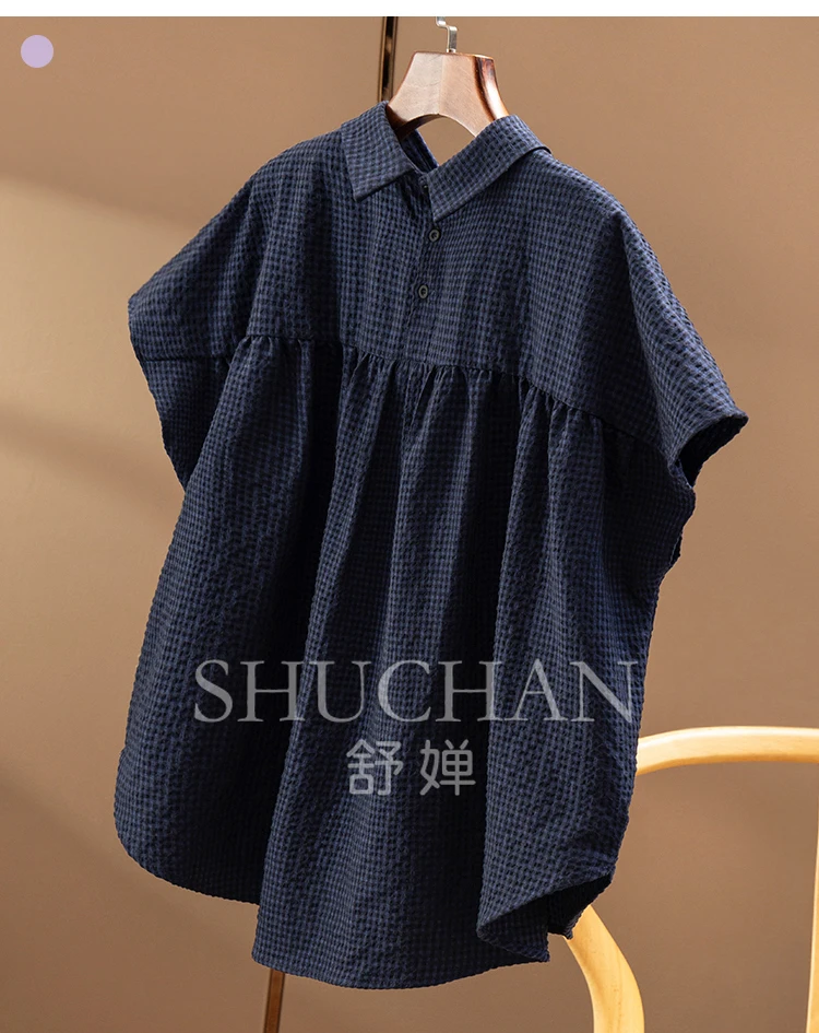 New sense of literary and artistic high-end, French texture yarn-dyed plaid with cut bat sleeve shirt women 1Y73