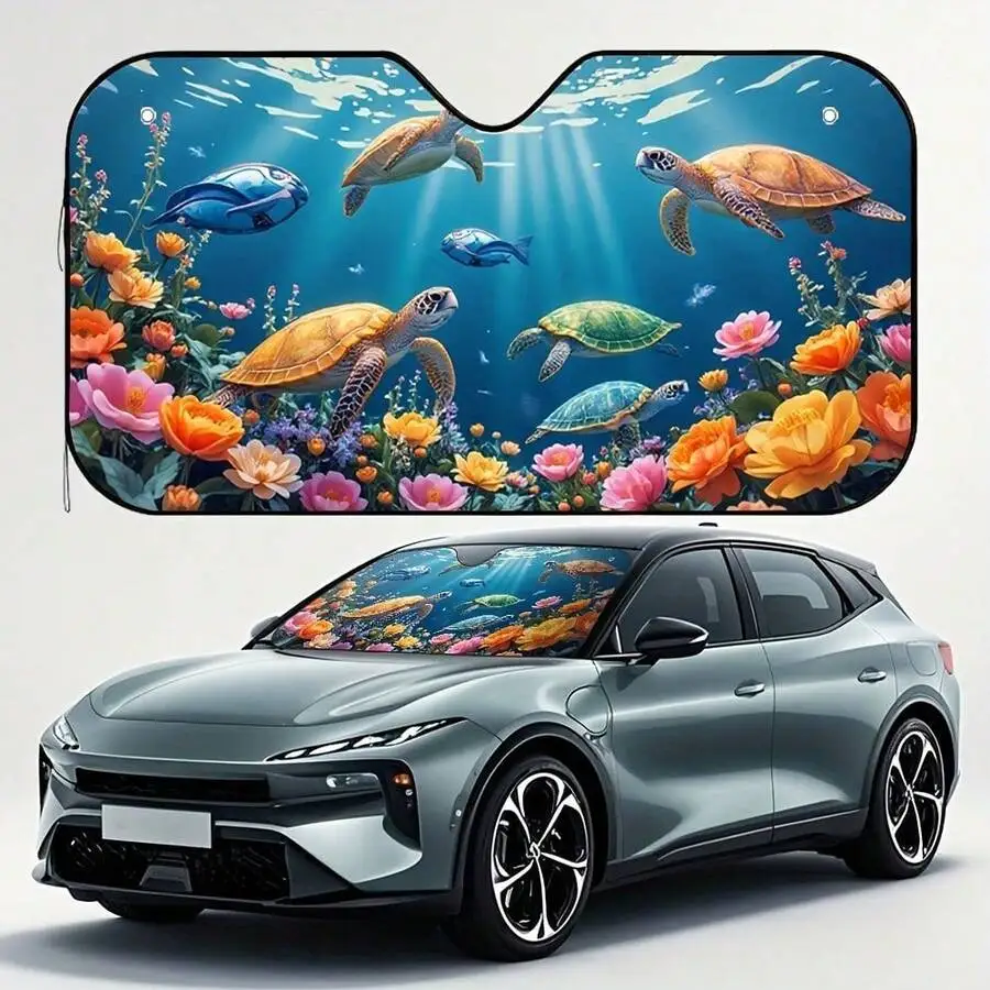

Universal Car Sunshade With Turtle And Flower Pattern, Heavy-Duty Elastic UV Protection Cover For Windshield