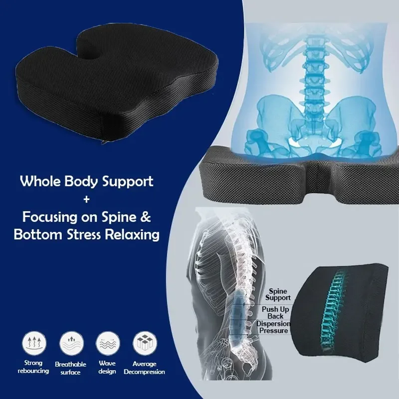 Pressure Relief Butt Pillow Memory Foam Seat Cushion Back Cushion Slow Rebound Waist Support for Office Health Care Chair Pad