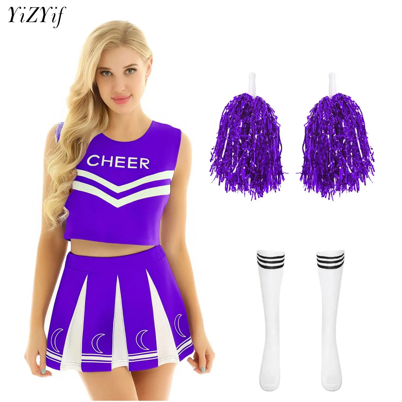 

Женский костюм болельщика, школьная форма для черлидинга, танцевальная форма с буквенным принтом, укороченный топ, плиссированная юбка, цветы для рук