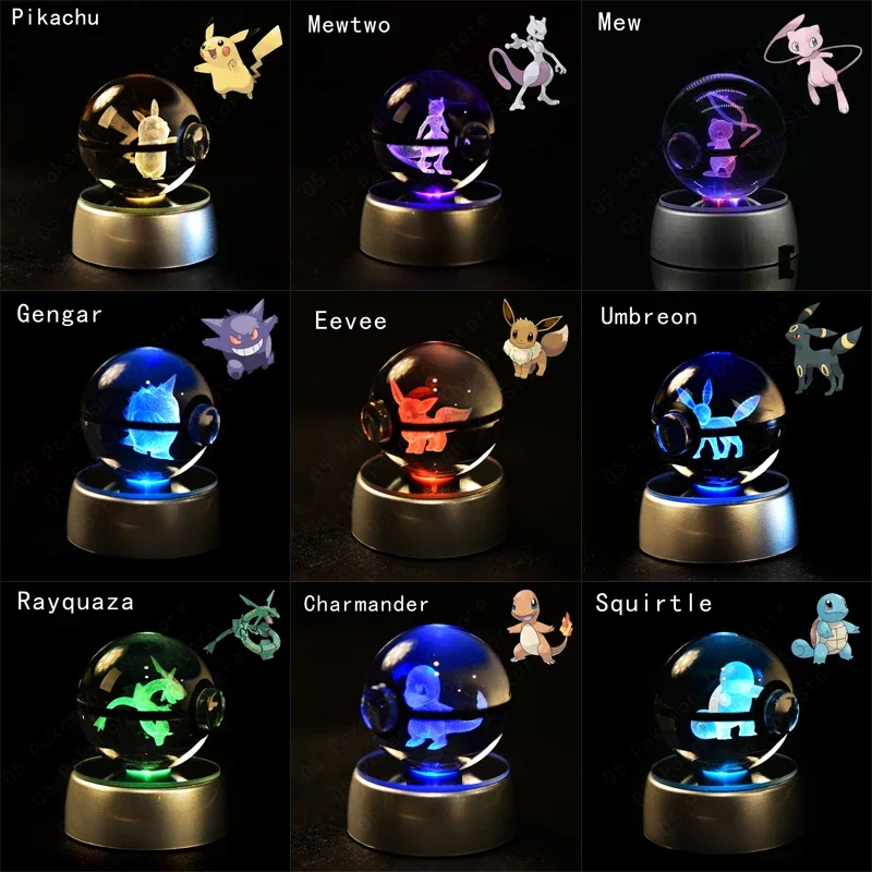 3D Pokemon Crystal Ball 7CM 5CM Mewtwo Pikachu Gengar Crystal Glass Pokemon Ball Pokeball Figure Night Light LED Lamp Base Gift