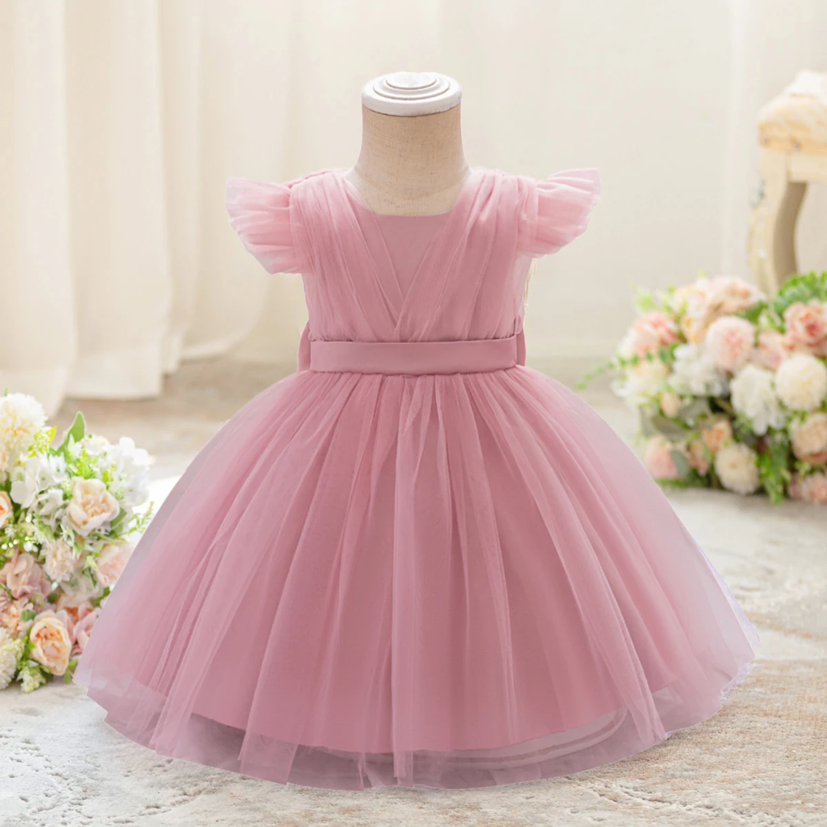 

Fly Sleeves Baptism Party Girl Dress Toddler Bow 1st Birthday Wedding Dresses Tulle Princess Prom Kids Clothes Halloween Costume