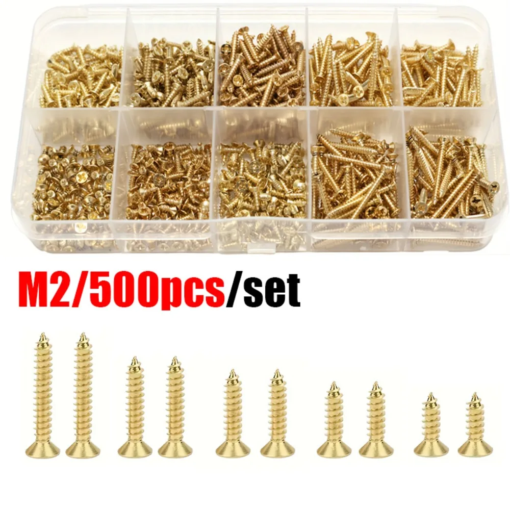 500 pcs M2 Gold Self-Tapping Screws, Sizes: 6mm,8mm,10mm,12mm,16mm. Suitable for Wooden Craft Boxes and Vintage Storage Boxes.
