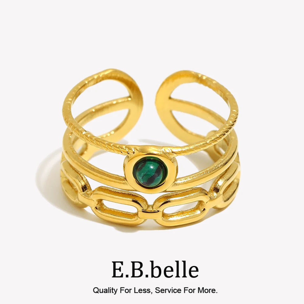 E.B.belle Neuer kreativer natürlicher Malachit-Stein-Ring, 18 Karat vergoldeter Edelstahl, hypoallergen, anlaufgeschützt, Fingerschmuck